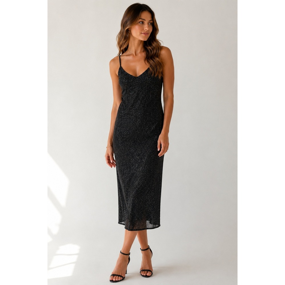 Taylor Black Metallic Shimmer Midi Dress Sleeveless Stretch Party Dress‎ L